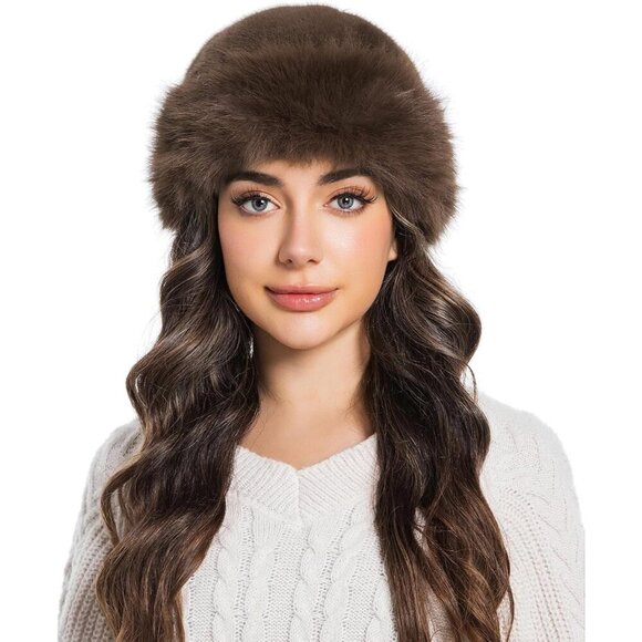 Women\'s Coffee Faux Fur Fluffy Bucket Hat Winter Warm Fuzzy Mongolian Hat